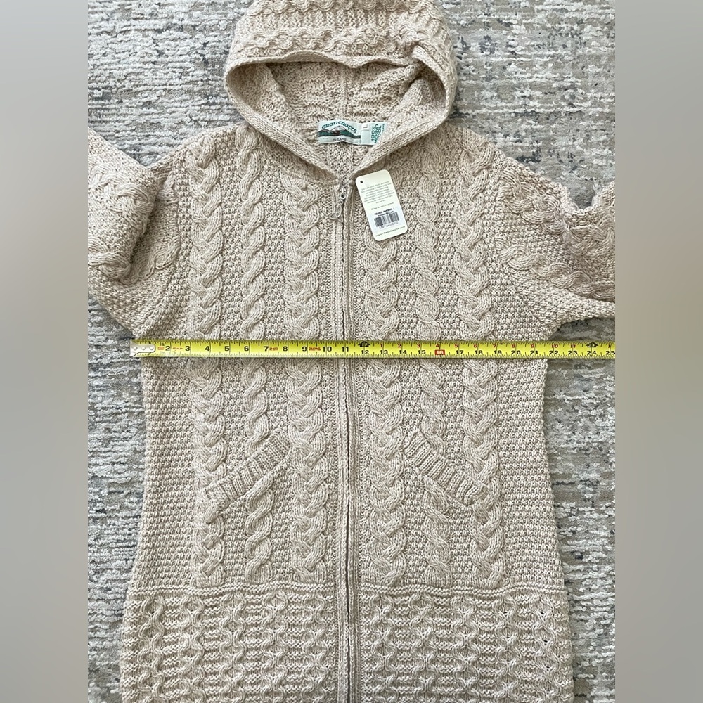 ARAN Ireland 100% Merino Wool Full Zip Sweater Coat Oatmeal L Chunky‎ Fisherman - Picture 8 of 10
